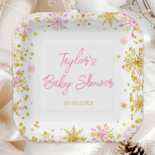 Rosa und goldene Schneeflocken Baby Shower Pappteller