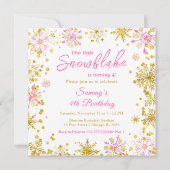 Rosa und goldene Schneeflocken Geburtstagsparty Einladung (Vorderseite)