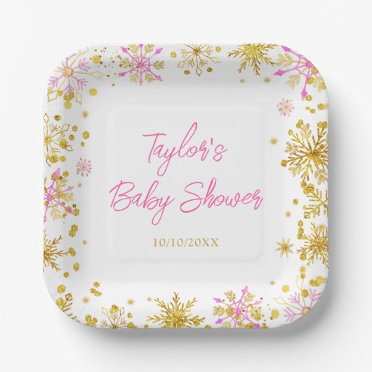 Rosa und goldene Schneeflocken Kinderdusche Pappteller (Vorderseite)