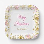 Rosa und goldene Schneeflocken Weihnachts-Party Pappteller (Vorderseite)