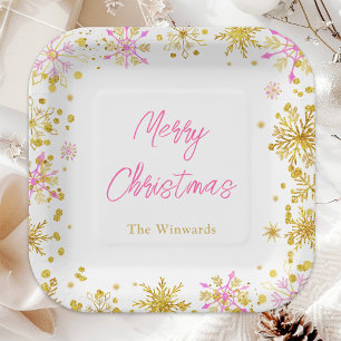 Rosa und goldene Schneeflocken Weihnachtsfeier Pappteller