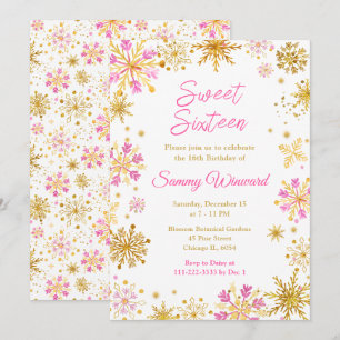 Rosa und goldene Schneeflocken Winter 16 . Geburts Einladung