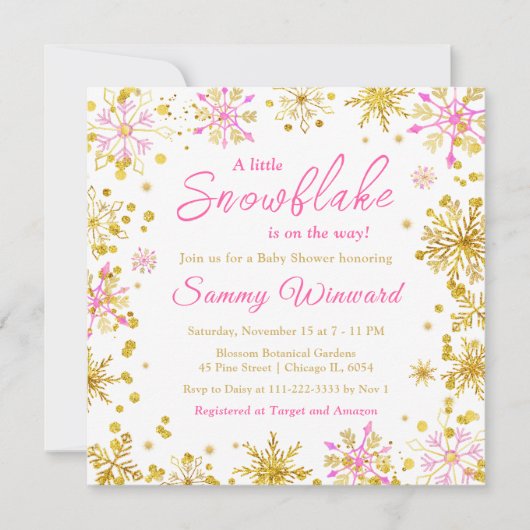 Rosa und goldene Schneeflocken Winter Baby Dusche Einladung (Vorderseite)