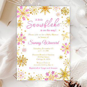 Rosa und goldene Schneeflocken Winter-Baby-Party Einladung