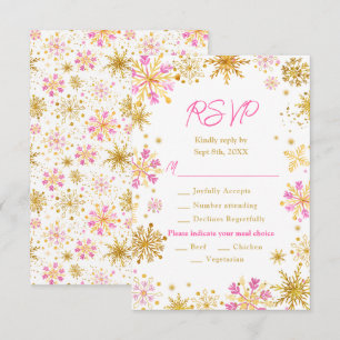 Rosa und goldene Schneeflocken Winter-Menüwahl RSVP Karte