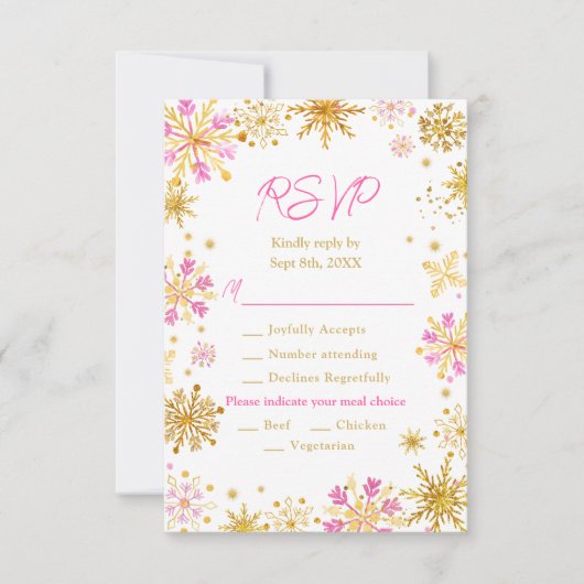 Rosa und goldene Schneeflocken Wintermesse RSVP Karte (Vorderseite)