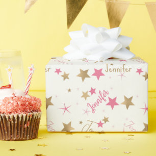 Rosa und goldene Stars Individuelle Name Geburtsta Geschenkpapier