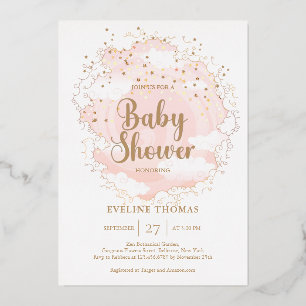 Rosa und goldene Sterne Wolke am Himmel Baby Showe Folieneinladung
