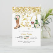 Rosa und goldene Stiefel und blubbly Brautparty Einladung (Stehend Vorderseite)