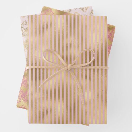 Rosa und goldene Streifen Geschenkpapier Set (Beispiel)