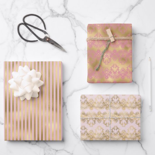 Rosa und goldene Streifen Geschenkpapier Set (Vorderseite)