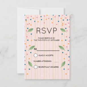 Rosa und goldene Streifen Grüne Blätter & Confetti RSVP Karte