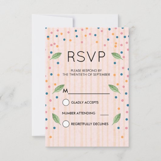 Rosa und goldene Streifen Grüne Blätter & Confetti RSVP Karte (Vorderseite)
