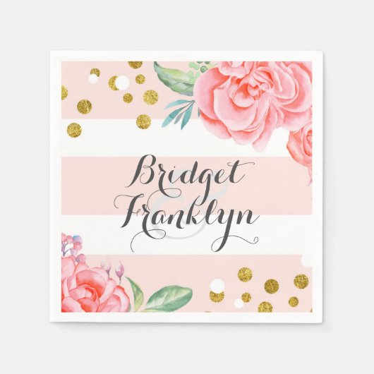 Rosa und goldene Streifen Konfetti Blumenhochzeit Serviette (Vorderseite)