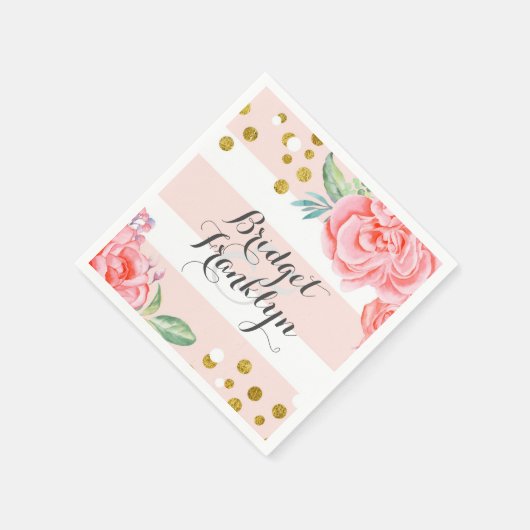 Rosa und goldene Streifen Konfetti Blumenhochzeit Serviette (Ecke)