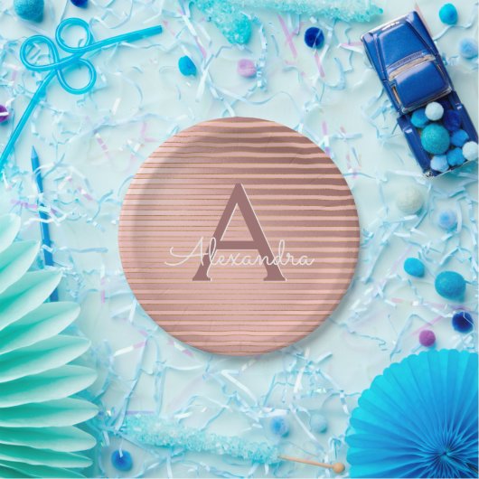 Rosa und goldene Streifen Monogram Birthday Pappteller (Party)