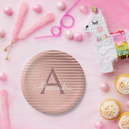 Rosa und goldene Streifen Monogram Birthday Pappteller (Party)