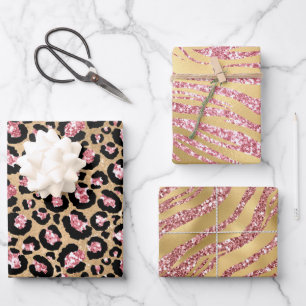 Rosa und goldene Tigerstreifen und Leopardenflecke Geschenkpapier Set