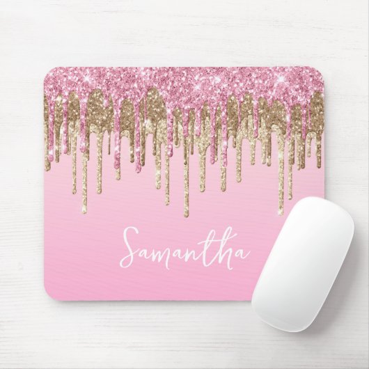 Rosa und goldene Tropfen Glitzer Name Mousepad (Mit Mouse)