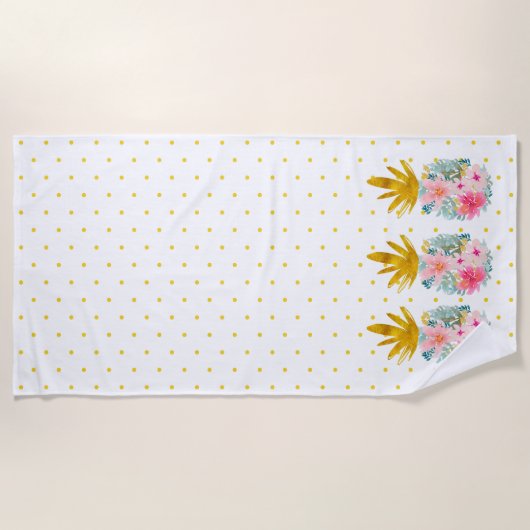 Rosa und goldene tropische Ananas und Polka-Punkte Strandtuch (Vorderseite)