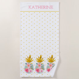 Rosa und goldene tropische Ananas und Polka-Punkte Strandtuch