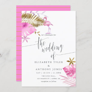 Rosa und goldene tropische Flamingo Hochzeitseinla Einladung