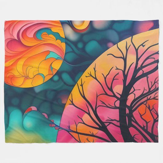 Rosa und goldene Vollmond Silhouette Fleecedecke (Vorderseite (Horizontal))