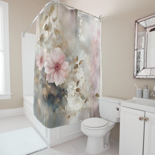 Rosa und goldene Wabi-Sabi Blume Grau Hintergrund Duschvorhang (Beispiel)
