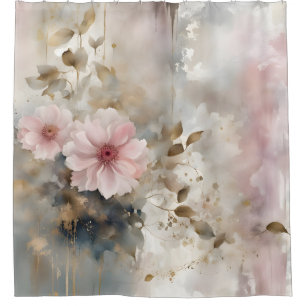 Rosa und goldene Wabi-Sabi Blume Grau Hintergrund Duschvorhang