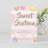 Rosa und goldene WasserfarbenDonuts Sweet 16 Party Einladung (Stehend Vorderseite)