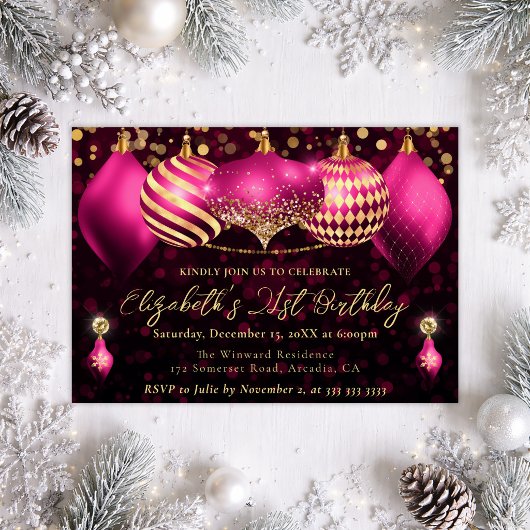 Rosa und goldene Weihnachtsbaumchen 21. Geburtstag Einladung