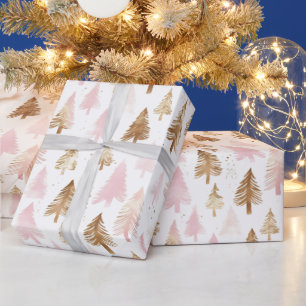 Rosa und goldene Weihnachtsbäume Geschenkpapier