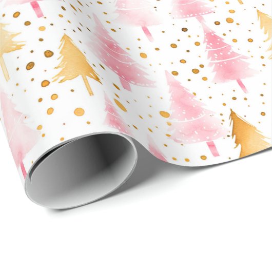 Rosa und goldene Weihnachtsbäume Geschenkpapier (Rolleneckpunkt)