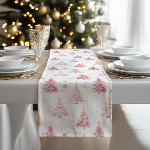Rosa und goldene Weihnachtsbäume Kurzer Tischläufer