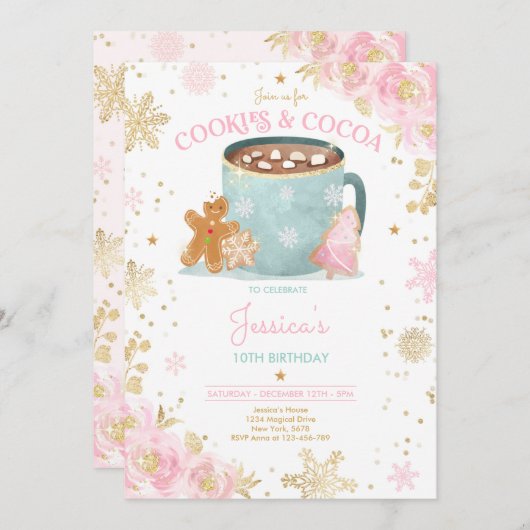 Rosa und goldene Weihnachtskekse und Kakao zum Geb Einladung (Vorne/Hinten)
