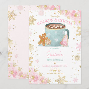 Rosa und goldene Weihnachtskekse und Kakao zum Geb Einladung