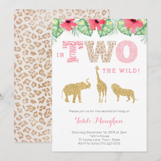 Rosa und goldene Wildsafari 2. Geburtstags-Party Einladung