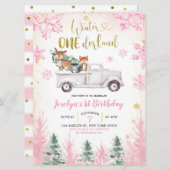 Rosa und goldene Winter-Waldland-Lkw Erster Geburt Einladung (Vorne/Hinten)