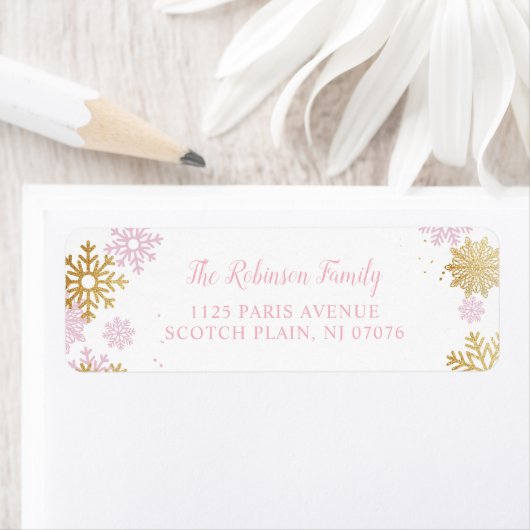 Rosa und goldene Winterschneeflocke Rücksendeadres (Insitu)