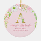 Rosa und goldener Buchstabe "A" Blumenmonogramm Ge Keramik Ornament (Vorne)