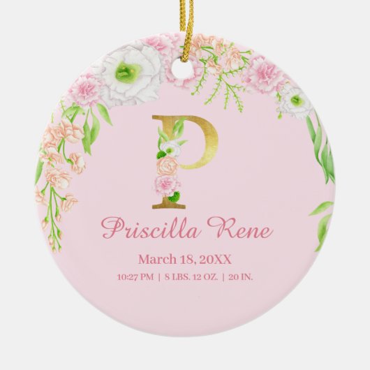 Rosa und goldener Buchstabe "P" Blumenmonogramm Ge Keramik Ornament (Vorne)