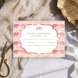 Rosa und Goldener Elefant Indische Hochzeit RSVP Karte
