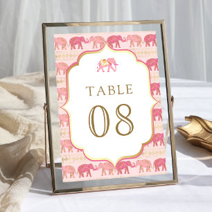 Rosa und Goldener Elefant Indische Hochzeit Tischnummer