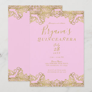 Rosa und goldener Glanz-Spitze Elegante Quinceañer Einladung