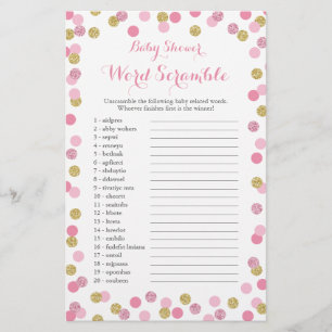 Rosa und goldener Glitter-Babyshower-Worterratspie Flyer