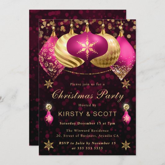 Rosa und goldener Glitzer Baubles Weihnachtsfest P Einladung (Vorne/Hinten)