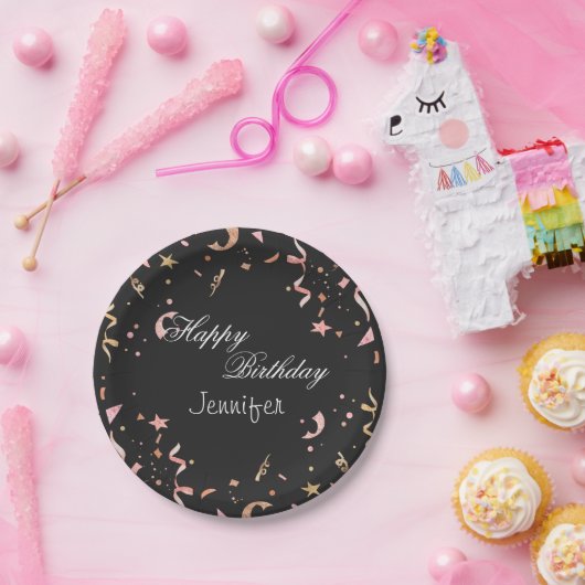 Rosa und goldener Glitzer Confetti auf schwarzem H Pappteller (Party)