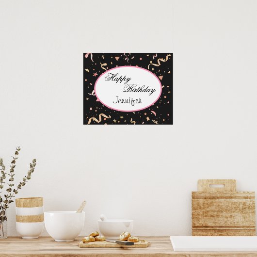 Rosa und goldener Glitzer Confetti auf schwarzem H Poster (Küche)