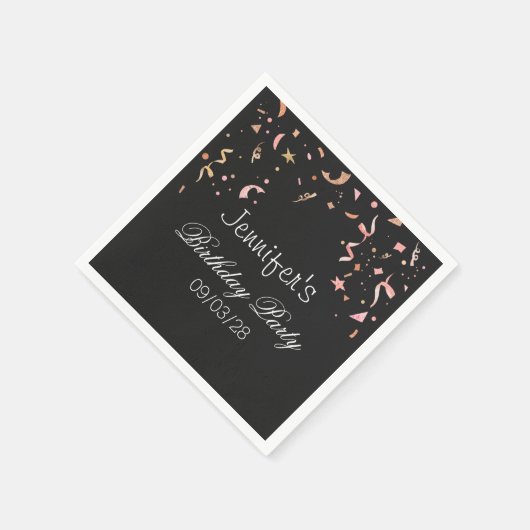 Rosa und goldener Glitzer Confetti auf schwarzem H Serviette (Ecke)