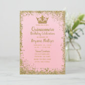 Rosa und goldener Glitzer Crown Quinceñera 15 Einladung (Stehend Vorderseite)